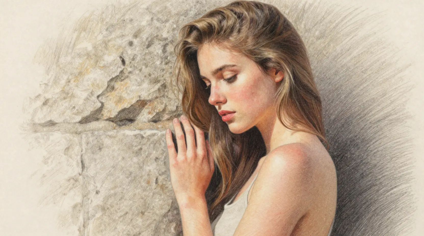 Young woman by a stone wall in soft glowing light