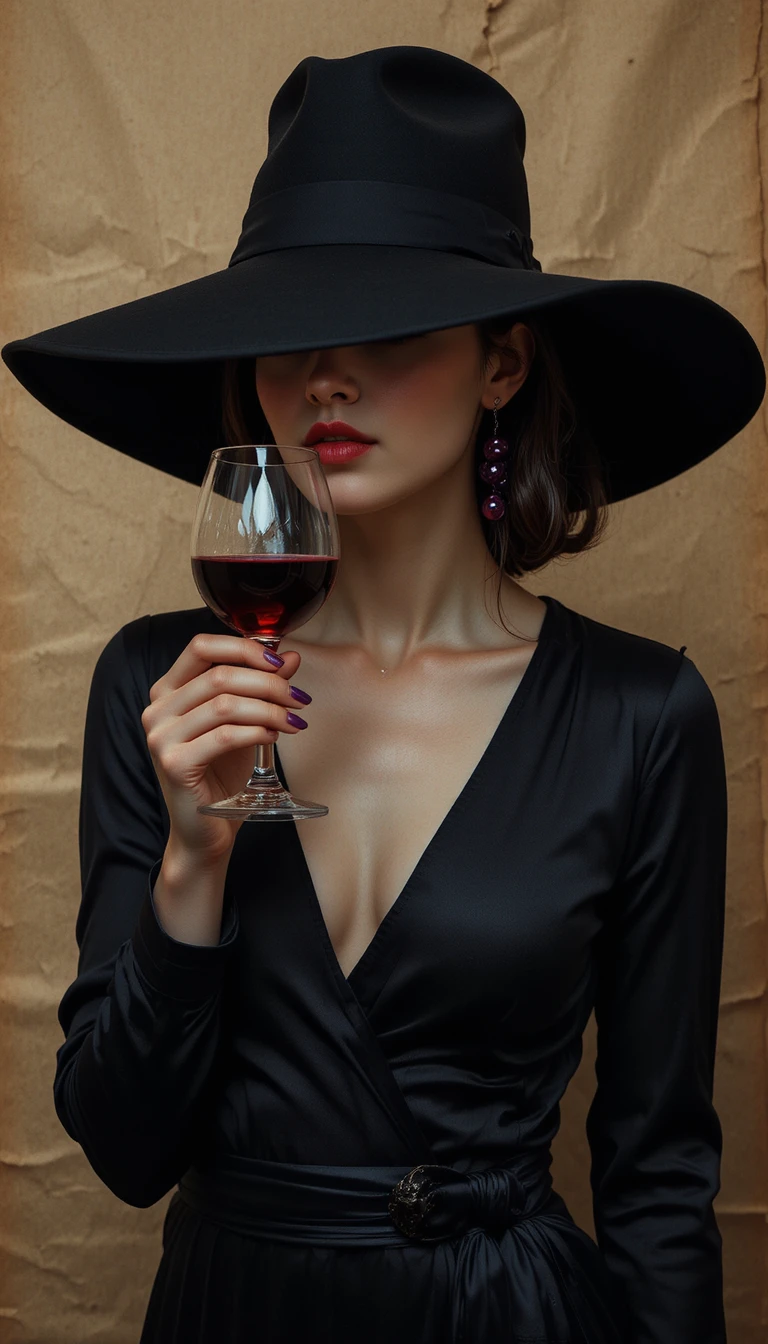 戴黑帽、手持紅酒杯的神秘女子