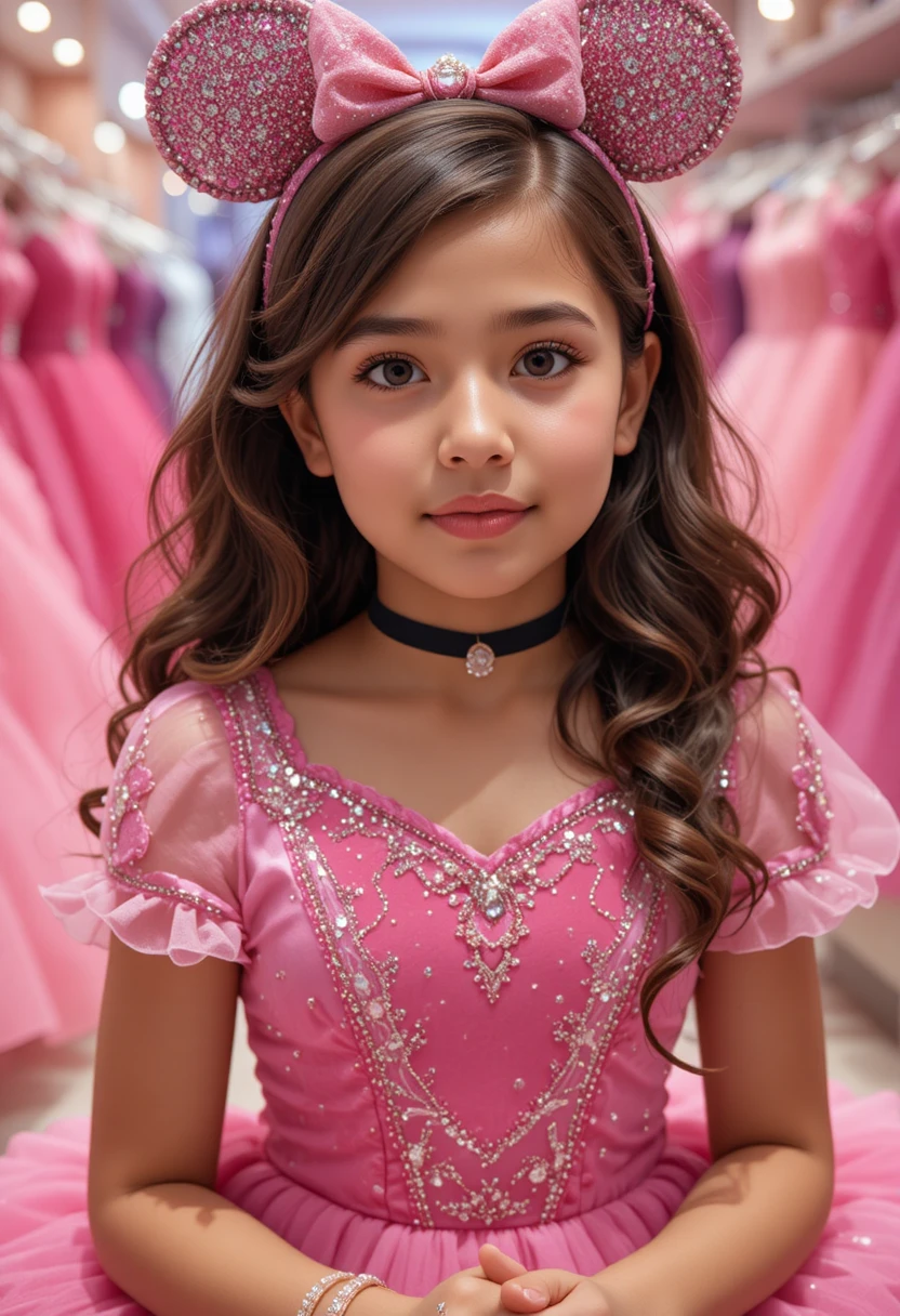 Menina jovem com vestido rosa da Minnie em loja boutique