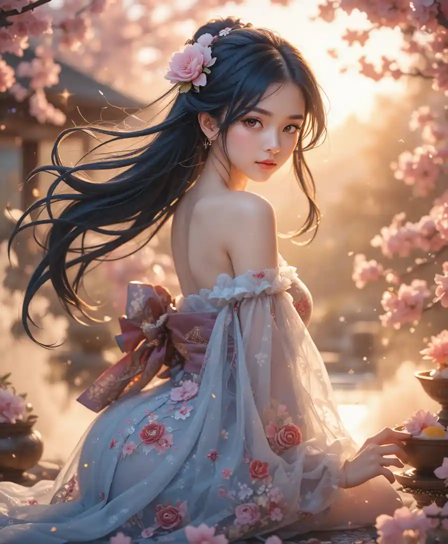 Donna anime in kimono in un giardino di sakura dorato e scintillante