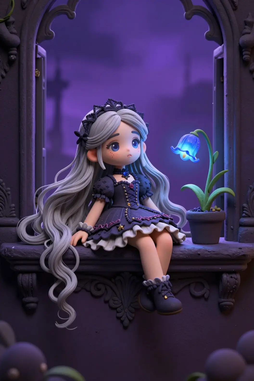 Garota de anime 3D fofa em janela gótica com campânula azul
