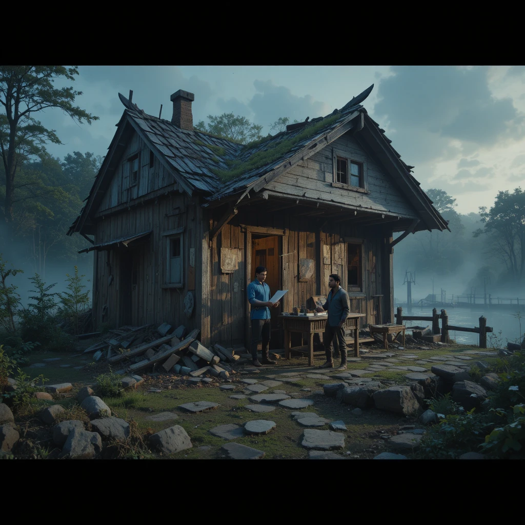 Vecchia capanna di legno vicino a un ponte sotto una luce cinematografica drammatica