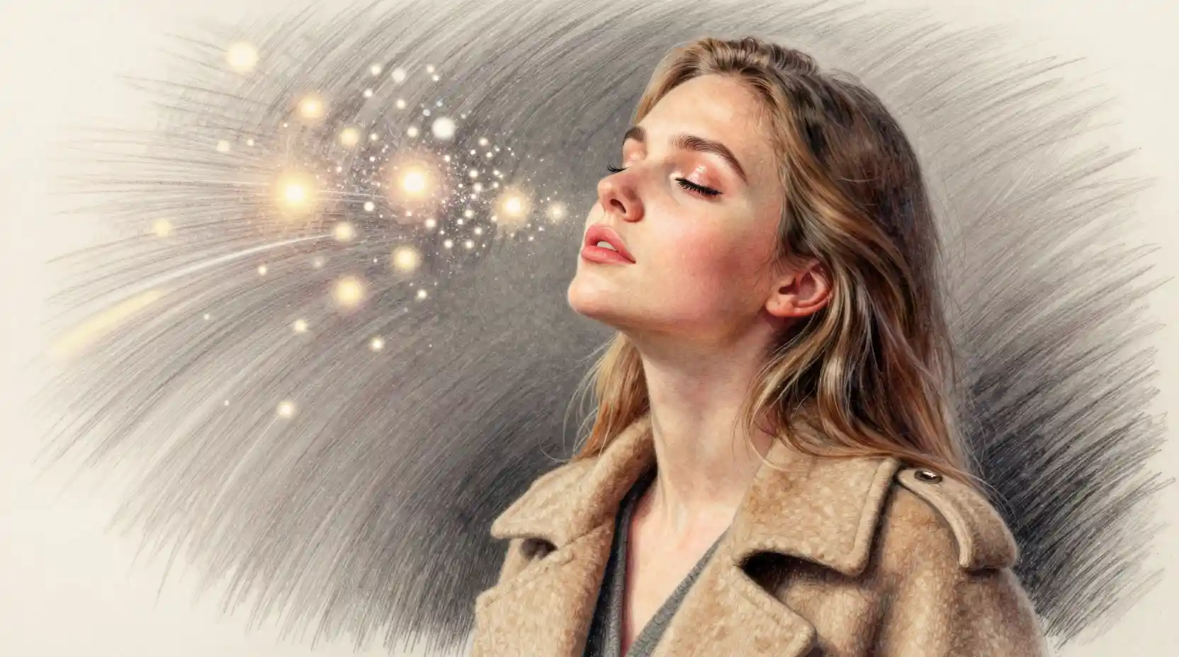 Serene young woman amid swirling glowing light particles