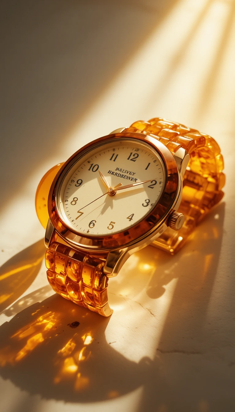 Reloj de pulsera de ámbar con brazalete de ámbar báltico brillante a la luz del sol