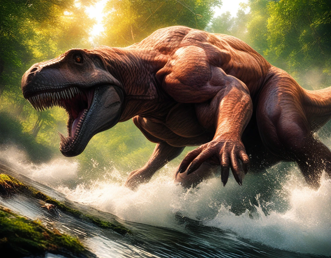 Tyrannosaurus rex disparando por uma planície alagada lamacenta