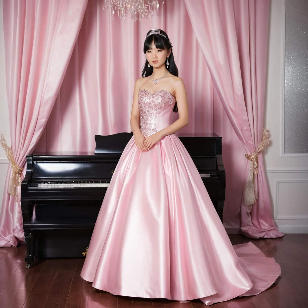 Jovem elegante com vestido de baile de cetim rosa em ambiente interno