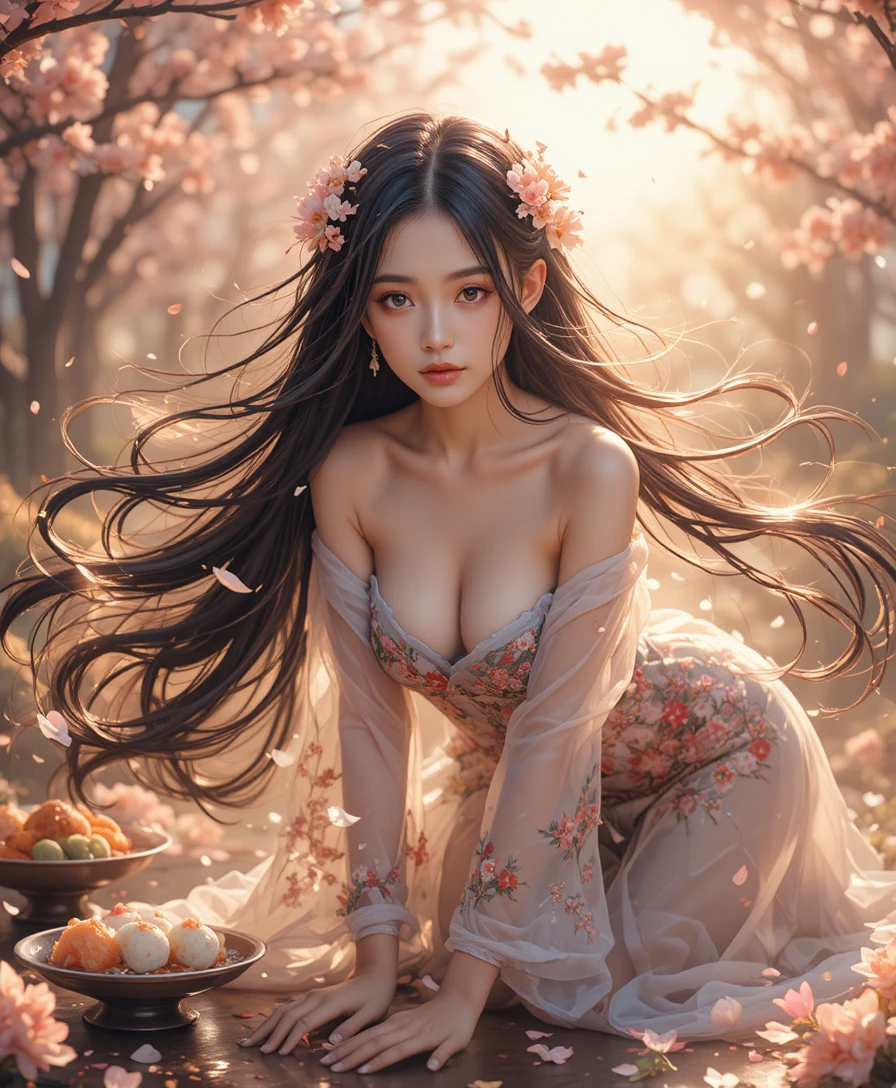 金色粒子風暴中長髮飛舞的動漫女子