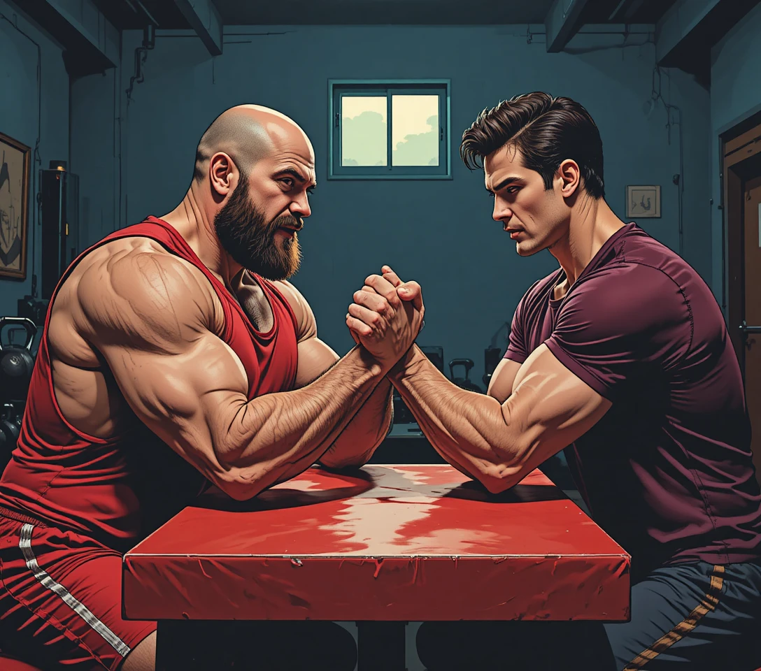 Dois homens fazendo queda de braço intensamente em uma mesa de academia escura
