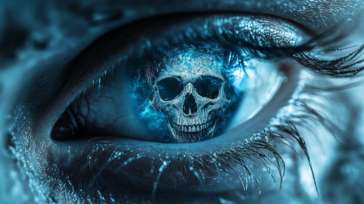 Olho humano em macro com íris em forma de caveira e motivo pirata