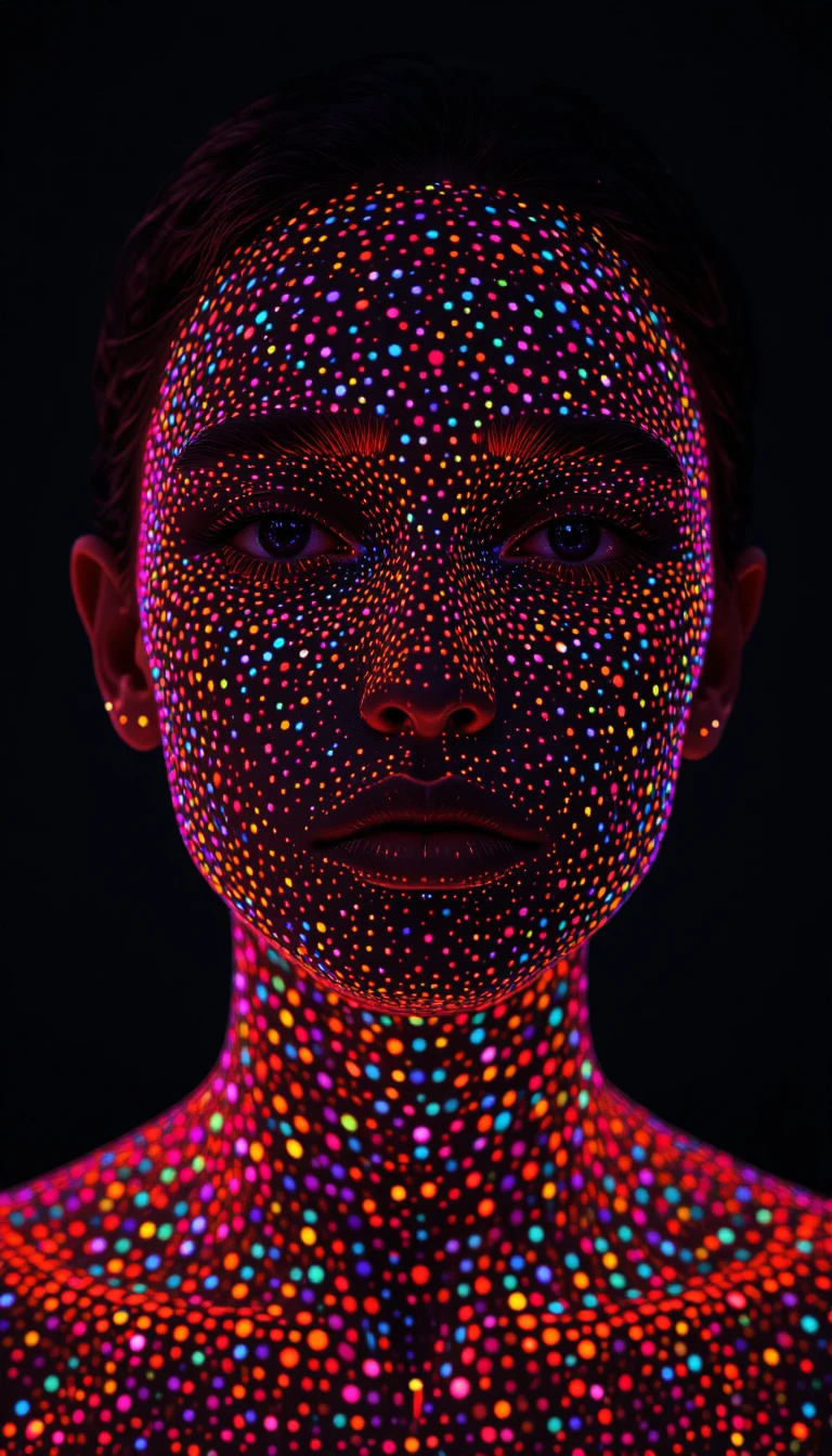 Neon dot body art portrait of a woman in darkness