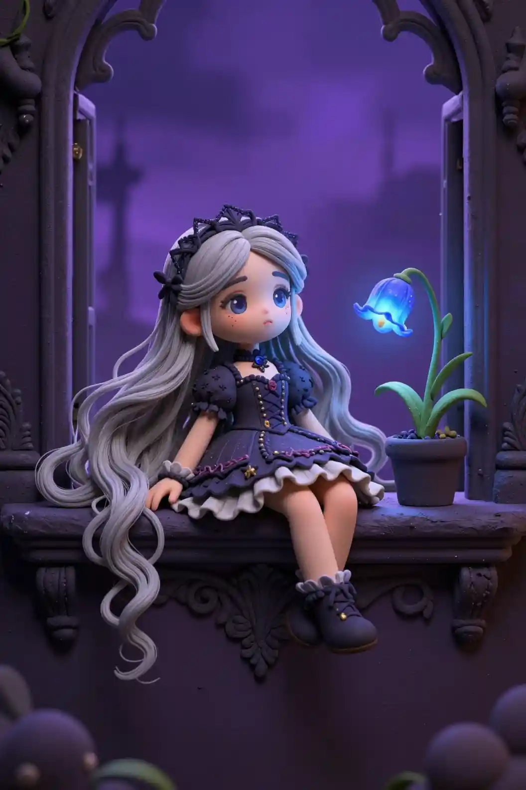 Garota de anime 3D fofa em janela gótica com campânula azul