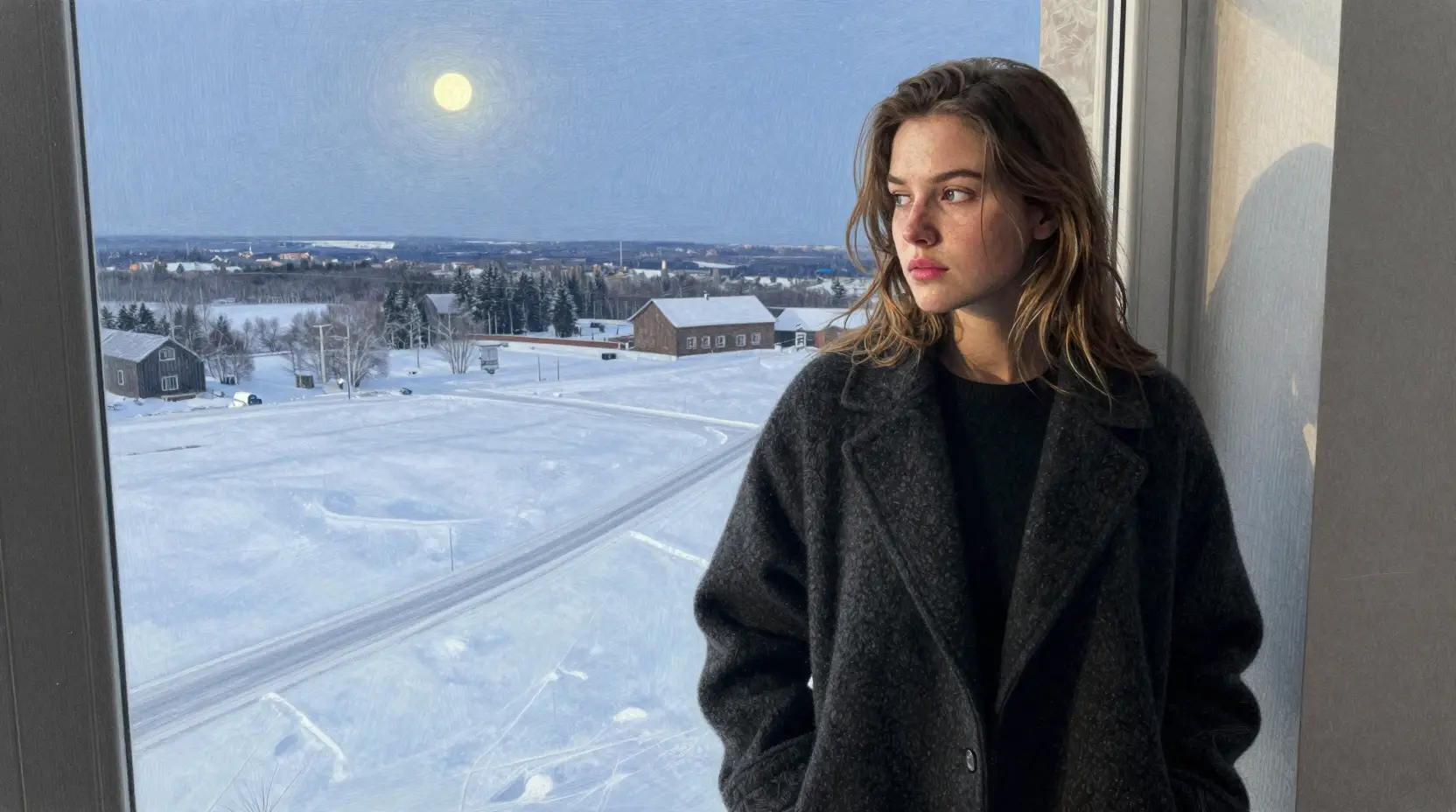 Jeune femme près d’une fenêtre surplombant un paysage gelé