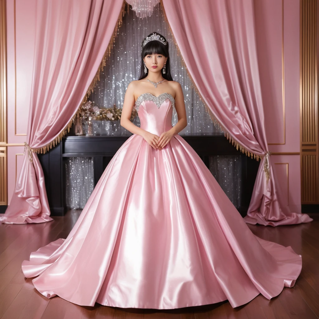 Élégante jeune Japonaise en robe de bal en satin rose