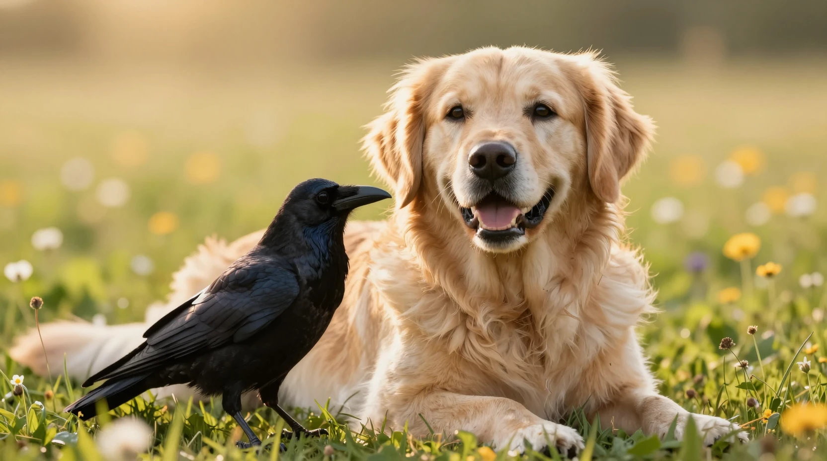 Golden retriever e corvo descansando juntos no prado
