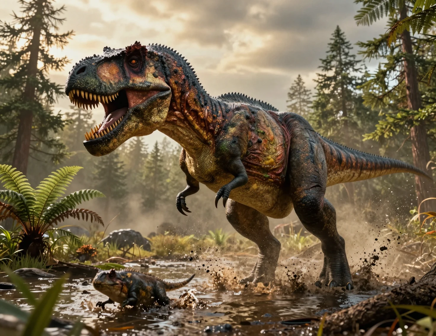 Tyrannosaurus rex correndo por uma planície de inundação lamacenta do Cretáceo