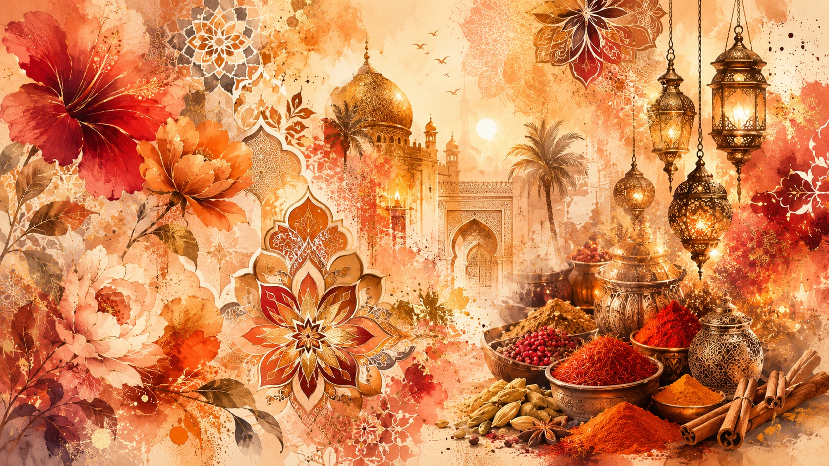 Ornamental Oriental Mosaic Patterns In Warm Watercolor Tones