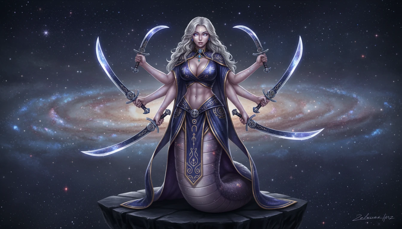 Primordial naga queen with six arms and celestial elegance