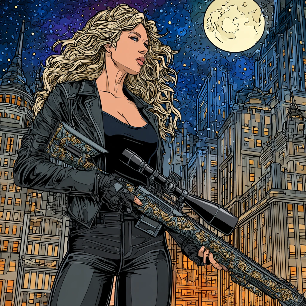 Blonde female spy with sniper rifle on city rooftop