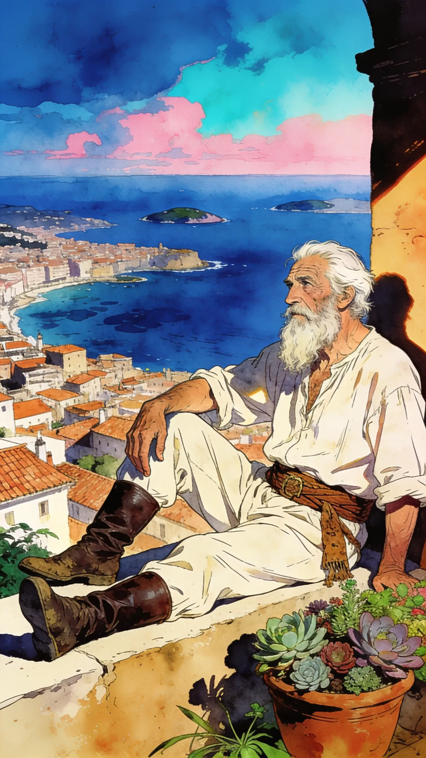 Elderly man resting above a sunlit Mediterranean coastal town