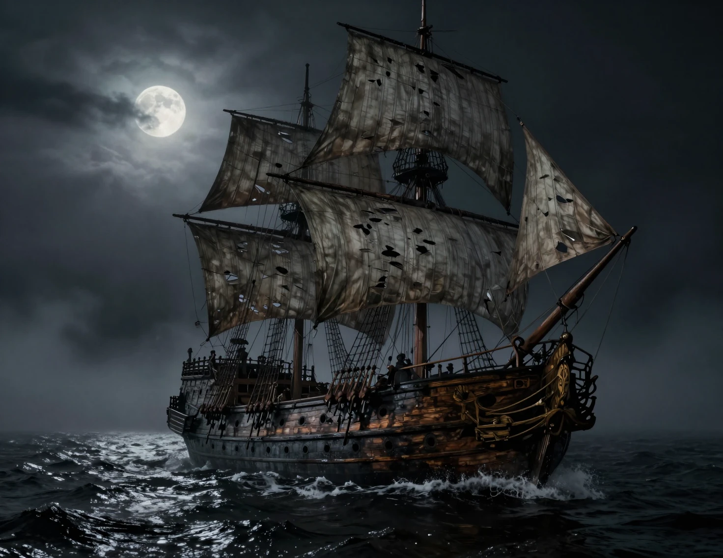 Navio vitoriano fantasmagórico à deriva pela névoa do oceano ao luar