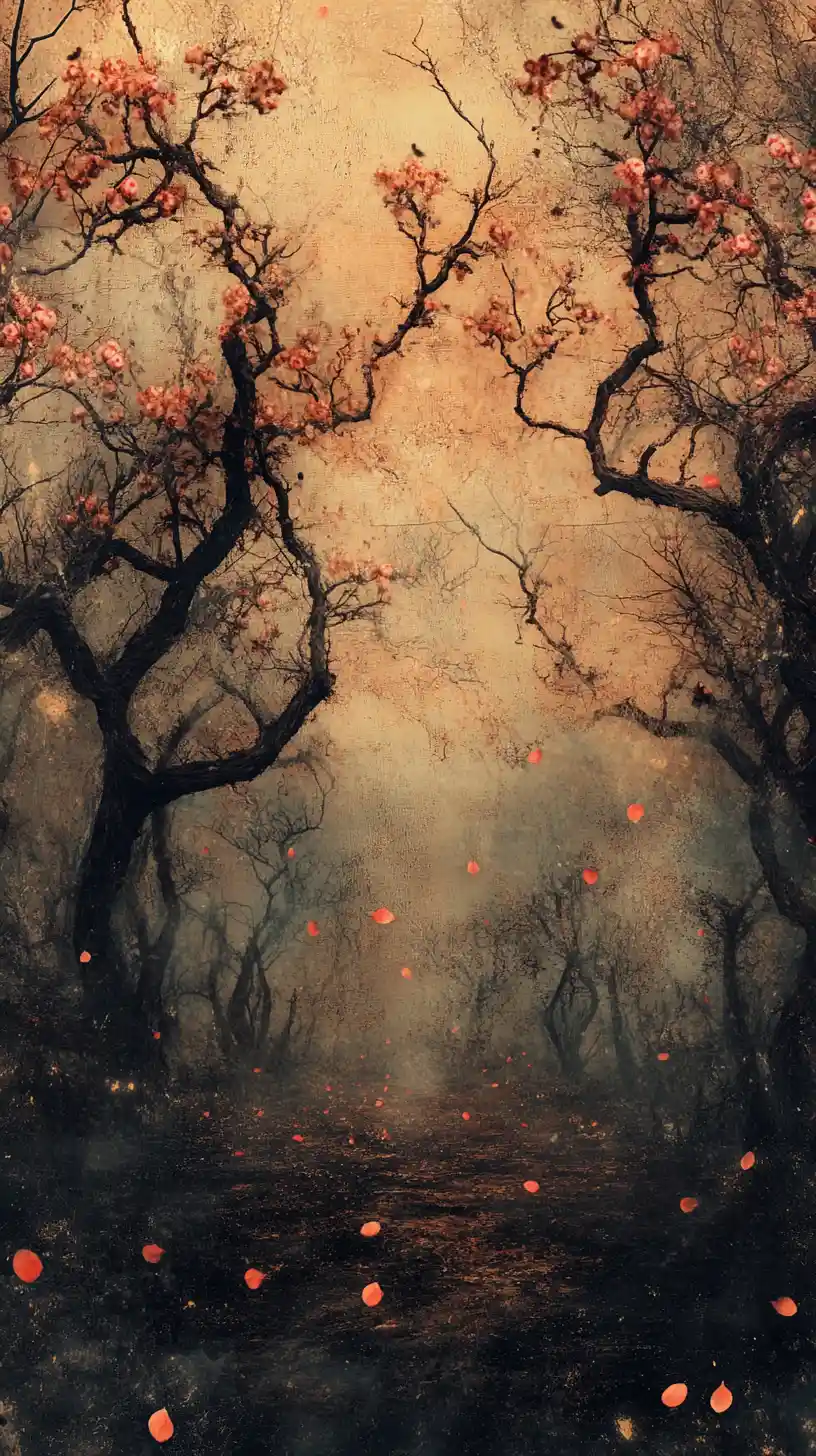 Surreal orchard of trees made from bone and blossom