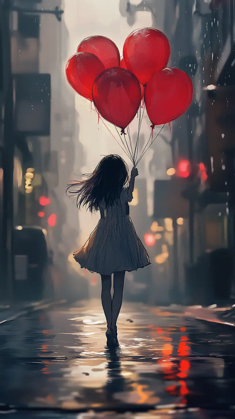 Mädchen mit roten Luftballons auf einer regennassen Kopfsteinpflasterstraße