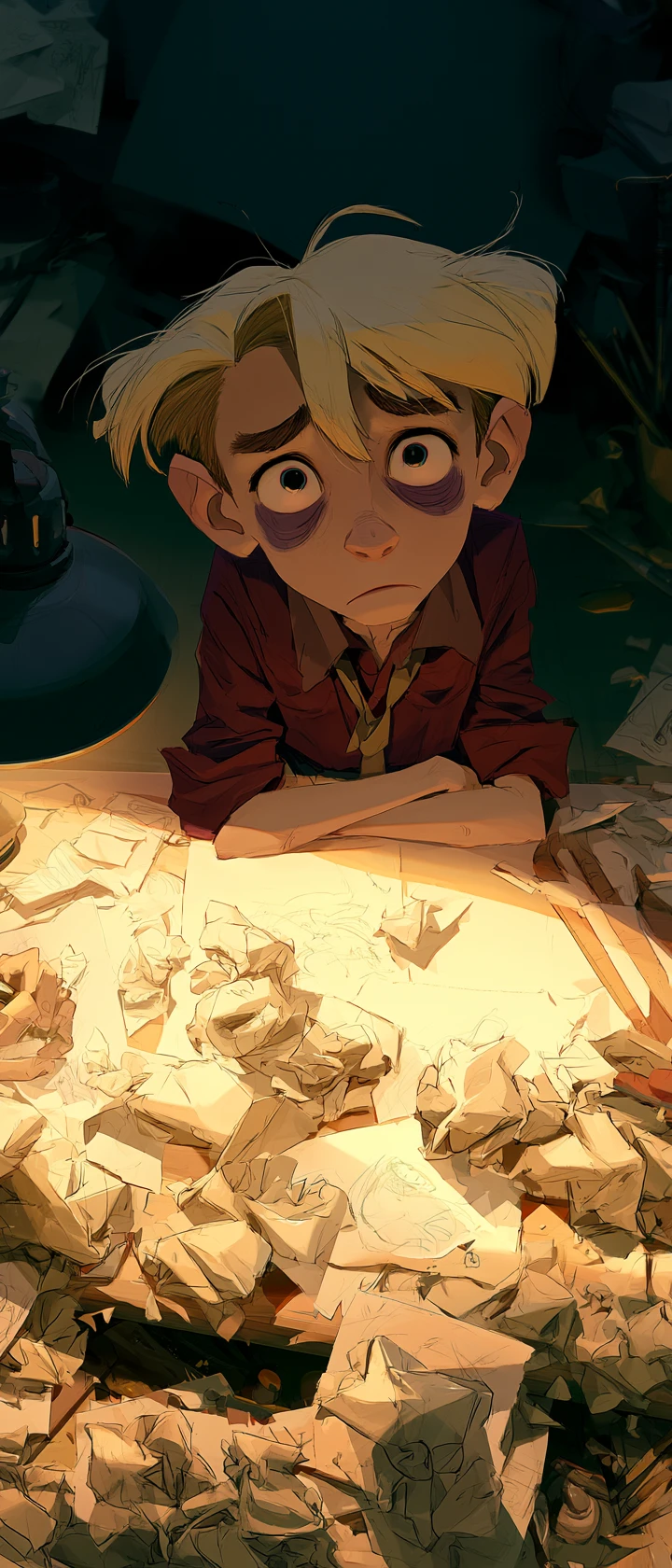 Artista di anime esausto riverso su un caotico tavolo da disegno