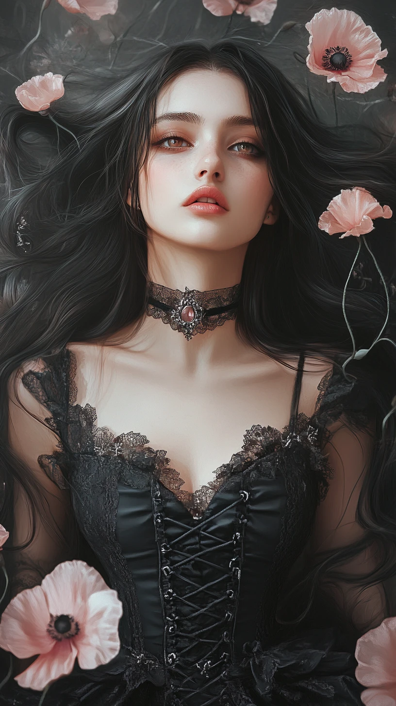 Dark romantic girl with black lace dress and poppy flowers