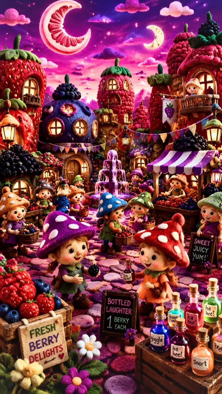 Place de marché aux baies fantaisiste dans une ville en feutre fantastique