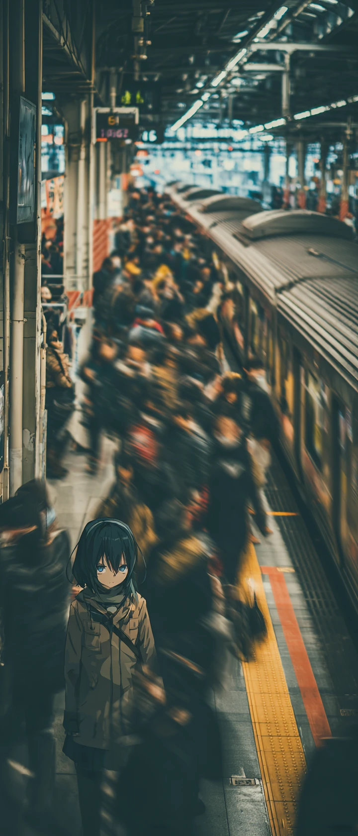 Ragazza anime ferma in una stazione affollata