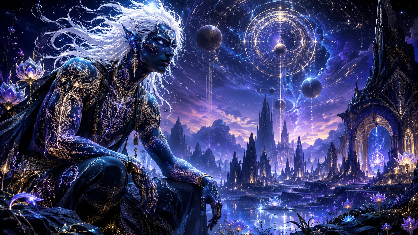 Criatura humanoide em paisagem alienígena luminosa – ilustração