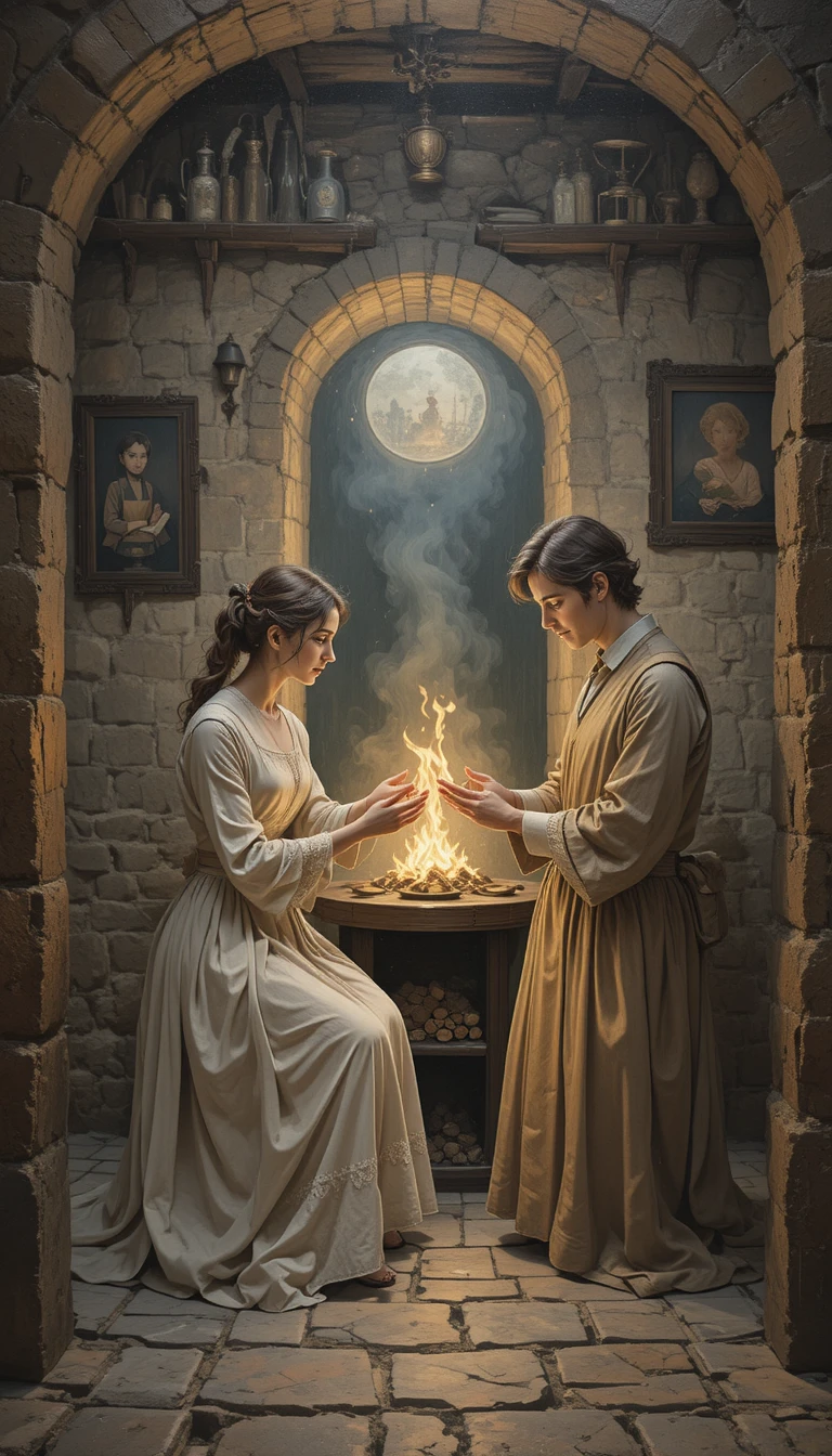 Casal se aquecendo ao redor de uma pequena fogueira em um quarto medieval