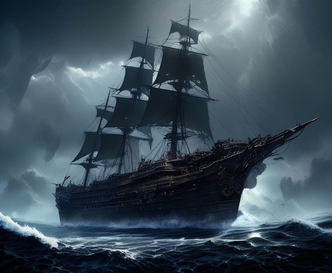 Navire victorien fantomatique dérivant sur une mer nocturne brumeuse