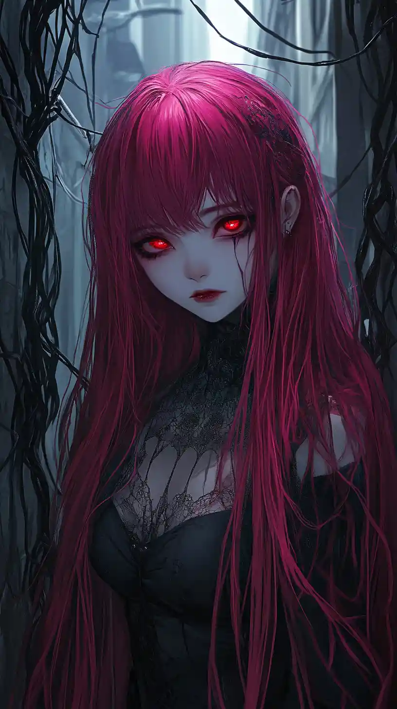 Anime girl with red eyes in a dark urban alley