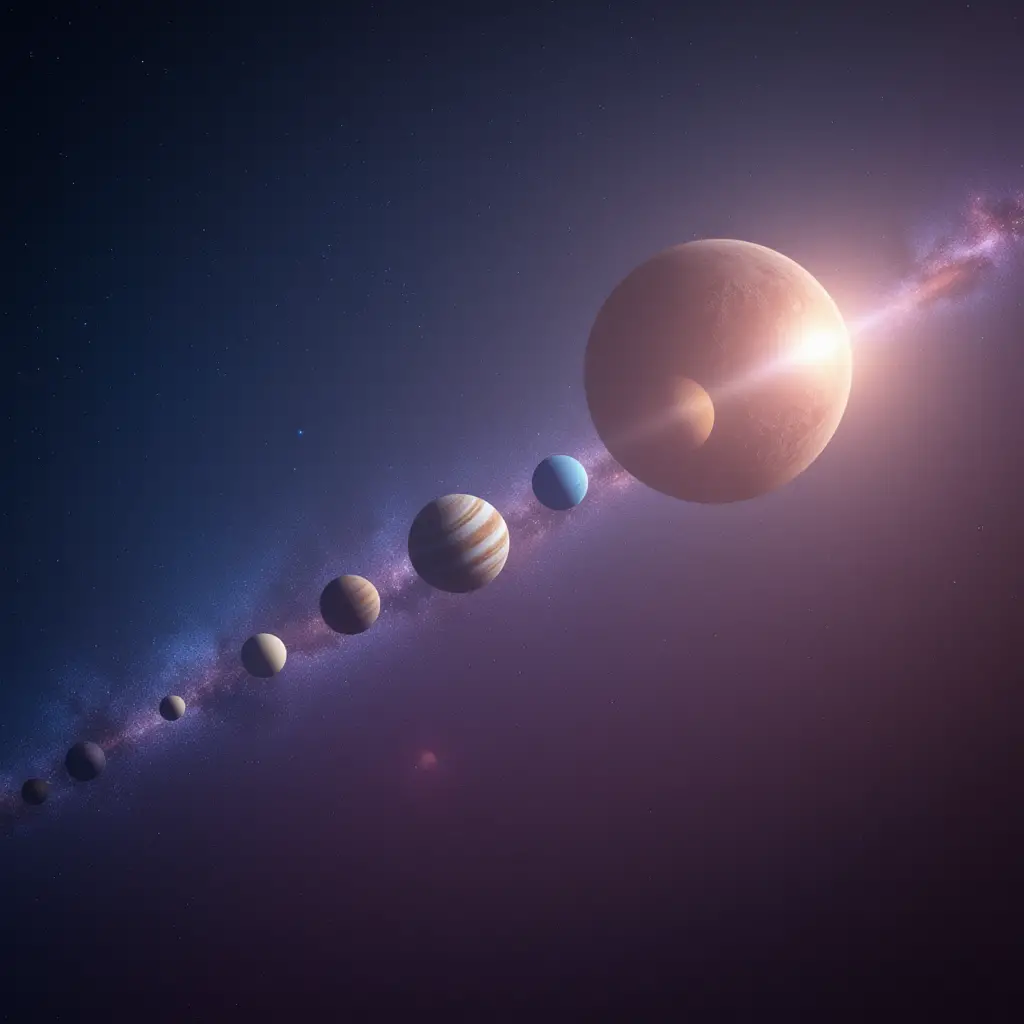 Farbenfrohe Planetenkonstellation mit sechs Welten am Nachthimmel