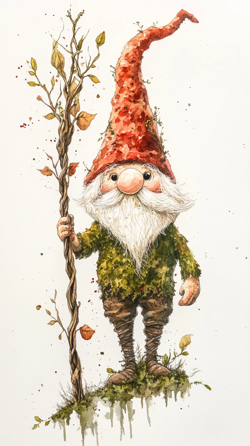 Gnome avec bâton de brindille vivante en illustration aquarelle