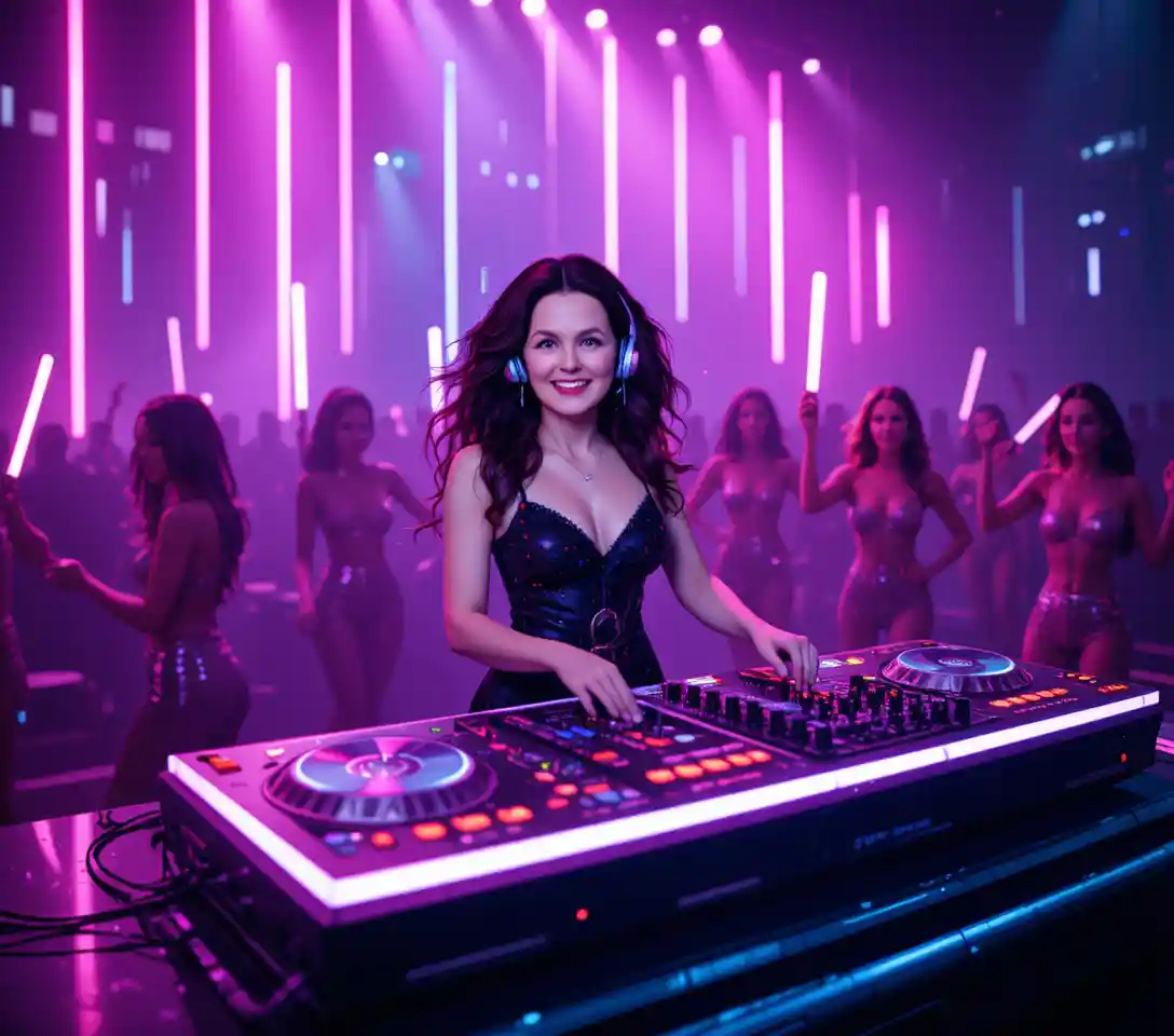Female DJ mixt auf Neonbühne mit Background-Tänzern