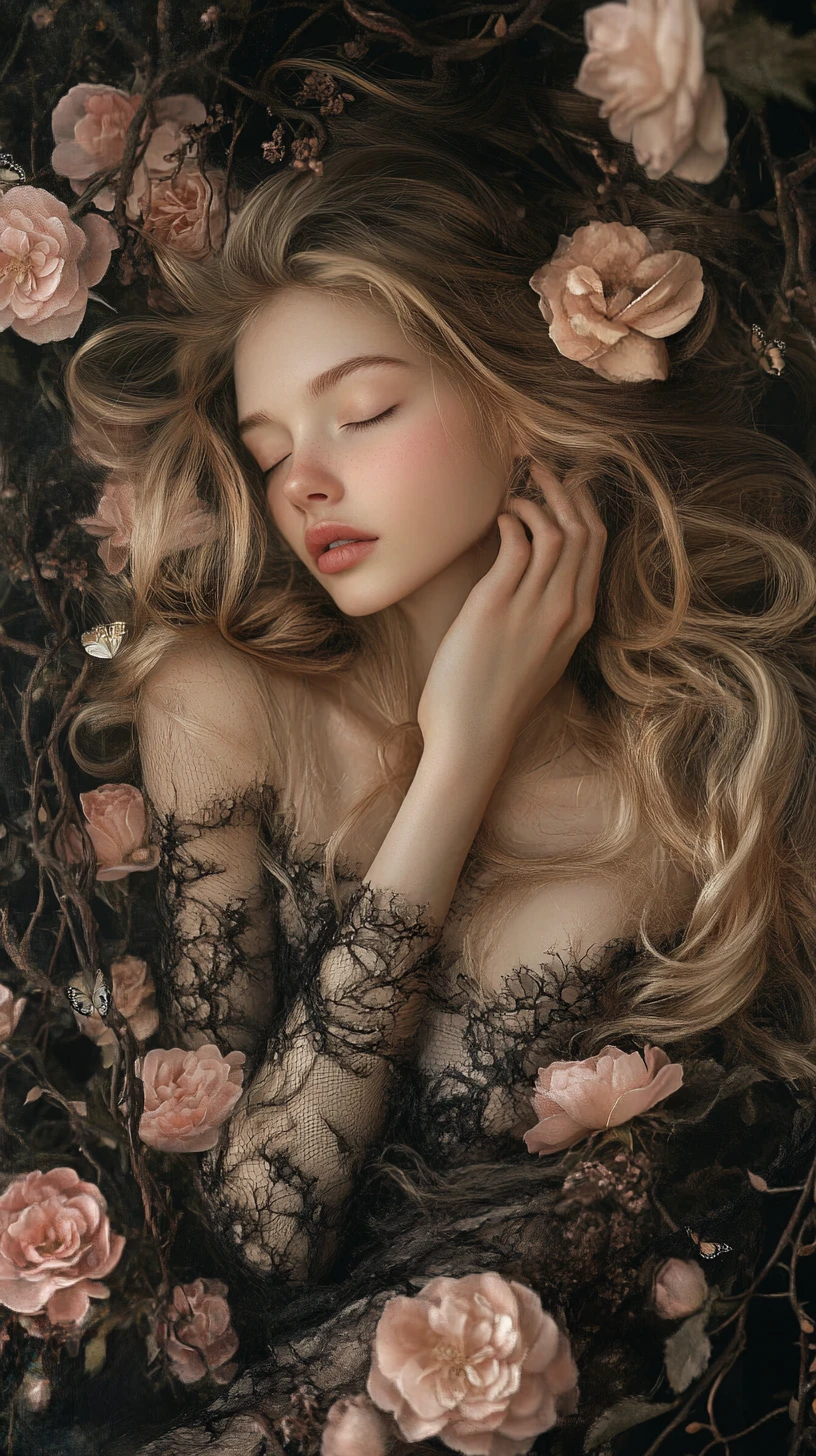Ragazza bionda sognante con rose e tralci intrecciati
