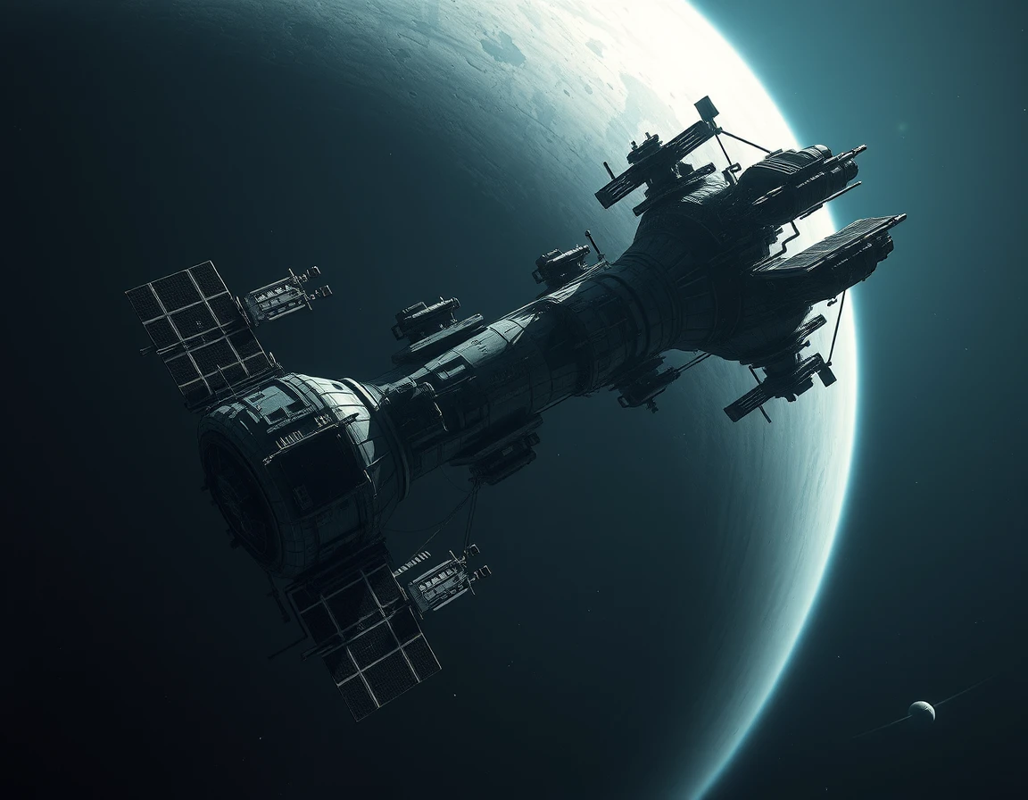 Estação espacial abandonada à deriva ao lado de um gigante anelado distante