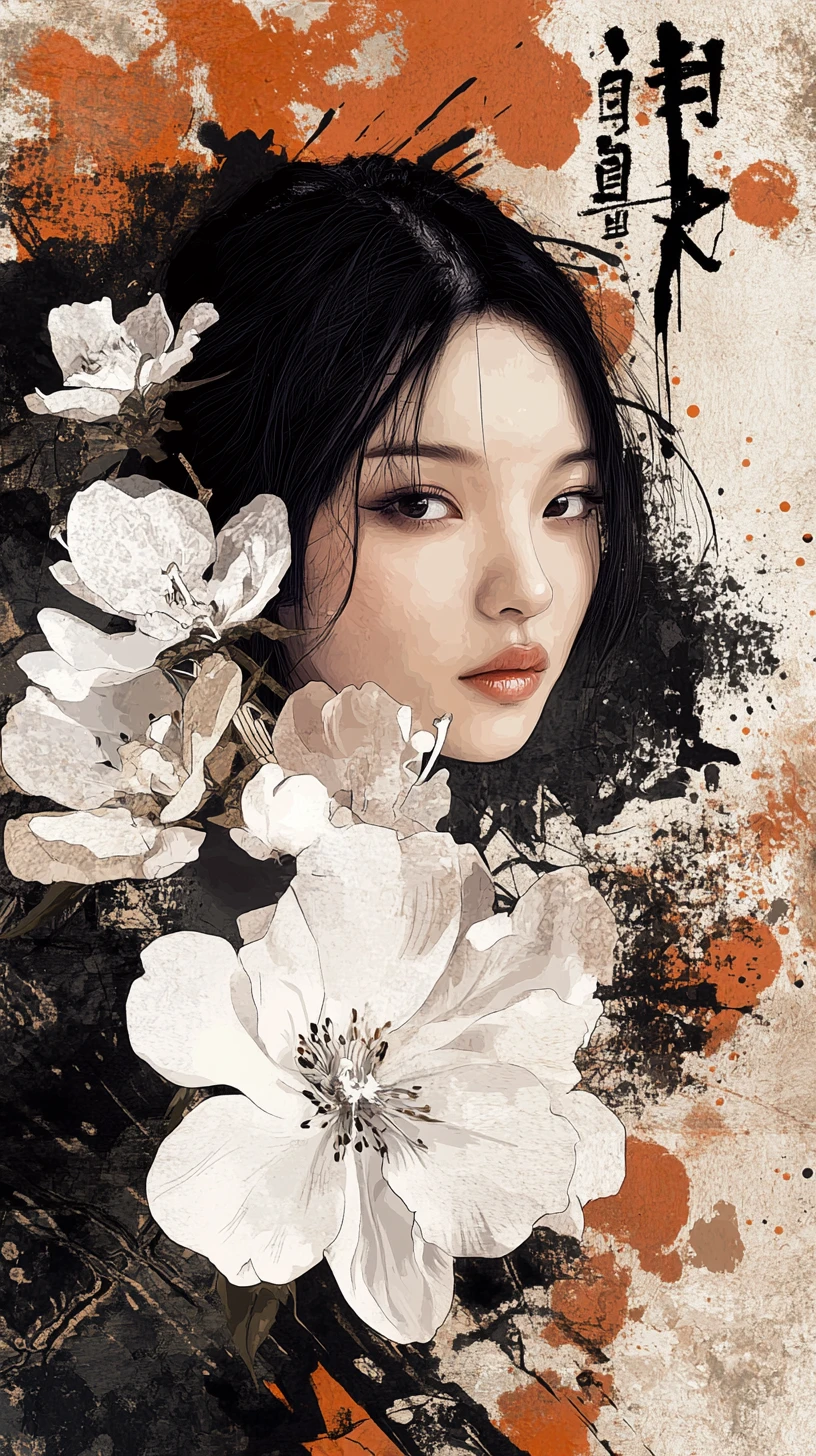 East Asian woman portrait with white flowers and ink art