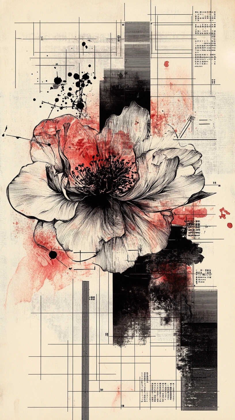 Botanisches und porträthaftes Hybriddiagramm mit expressiven Tinten-Spritzern