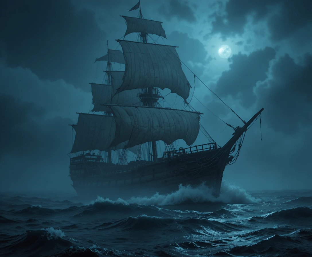 Ghostly victorian sailing ship in moonlit ocean fog