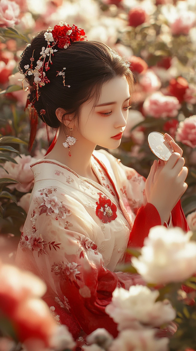 Jovem em hanfu vermelho entre peônias em flor