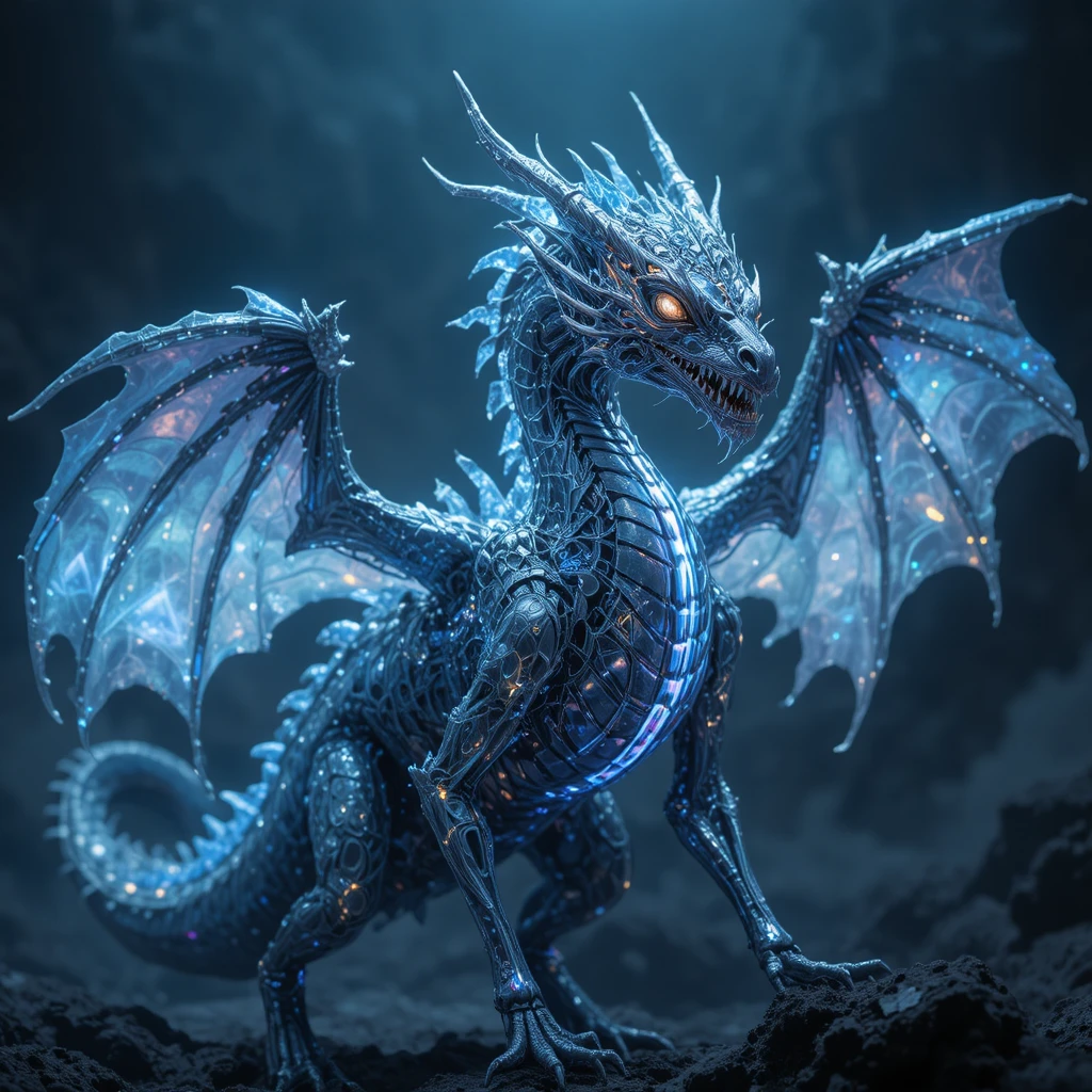 Dragon biomécanique aux veines de cristal lumineuses et aux ailes d’énergie
