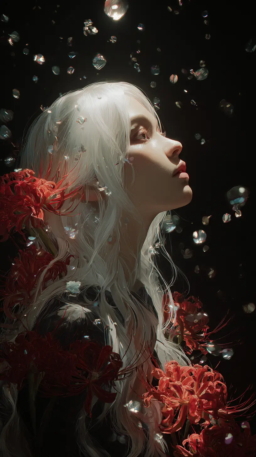 白髮與紅色彼岸花的空靈少女