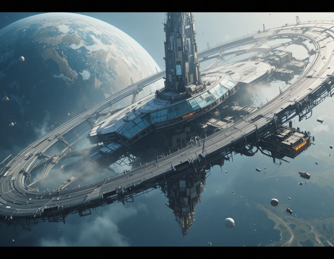 Estação espacial abandonada em órbita de um distante gigante gasoso com anéis