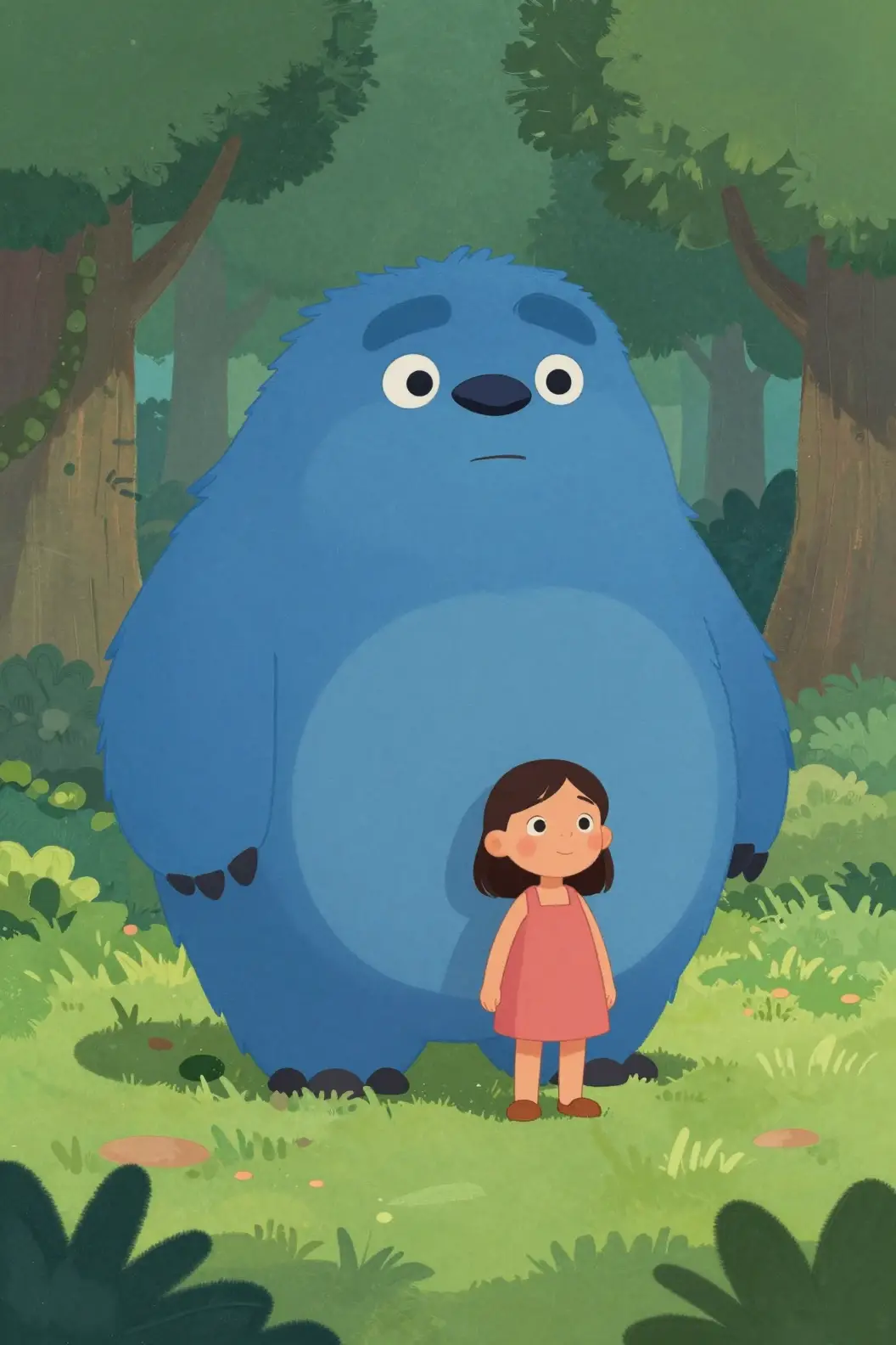 Bambina con gigantesca creatura blu in una foresta magica