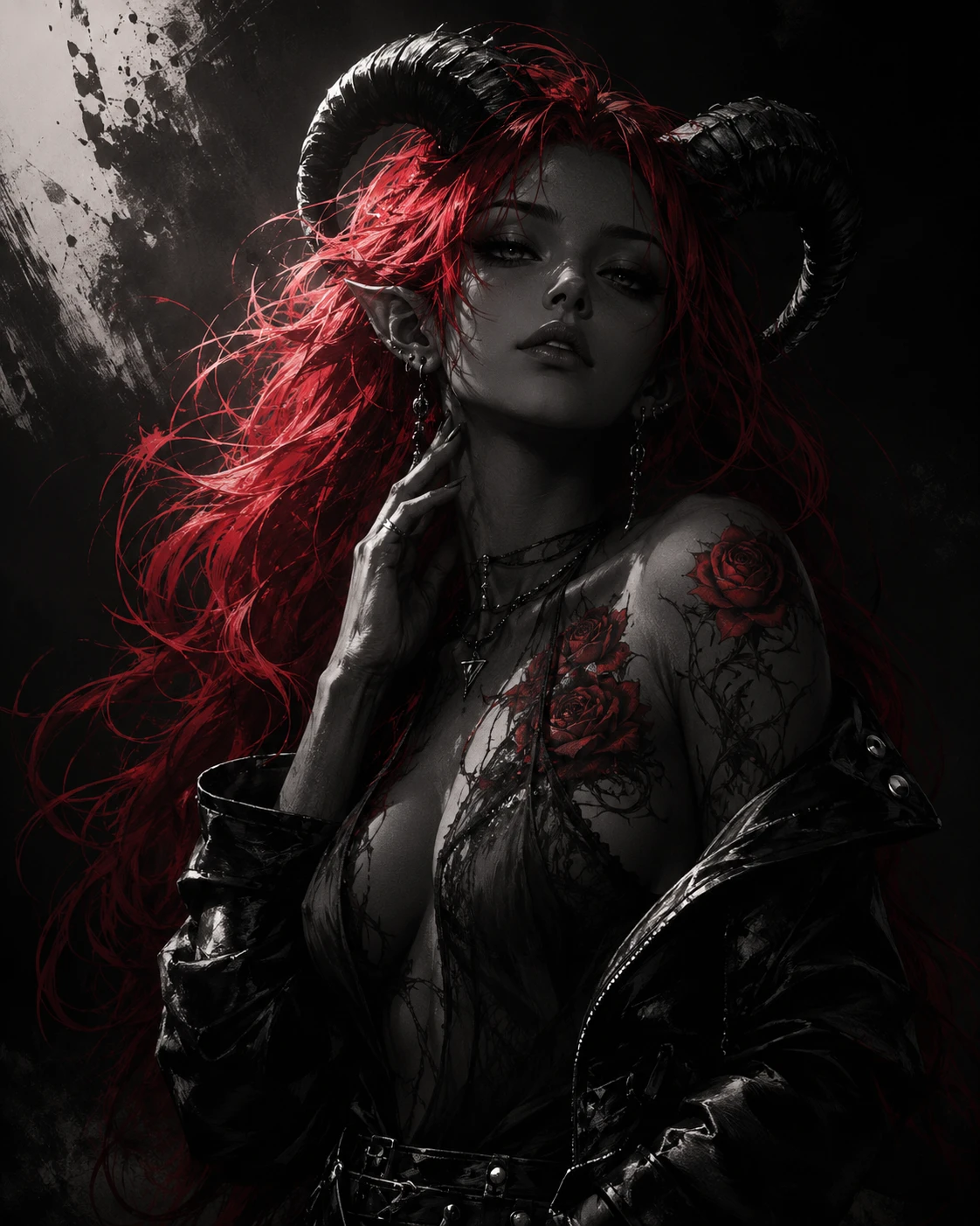Moody succubus portrait with flowing red hair and horns