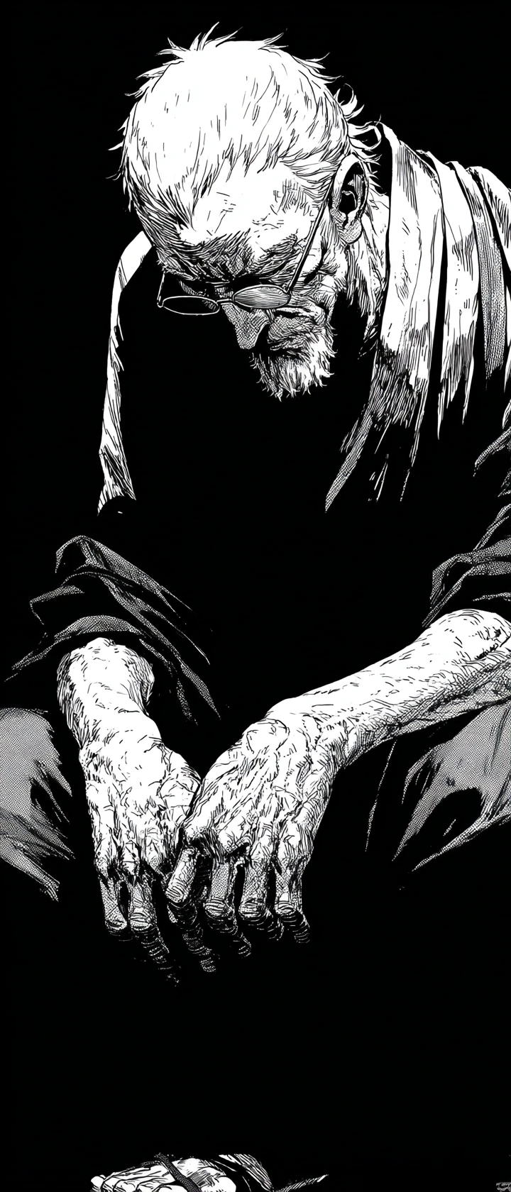 Retrato em anime em preto e branco de um homem mais velho cansado