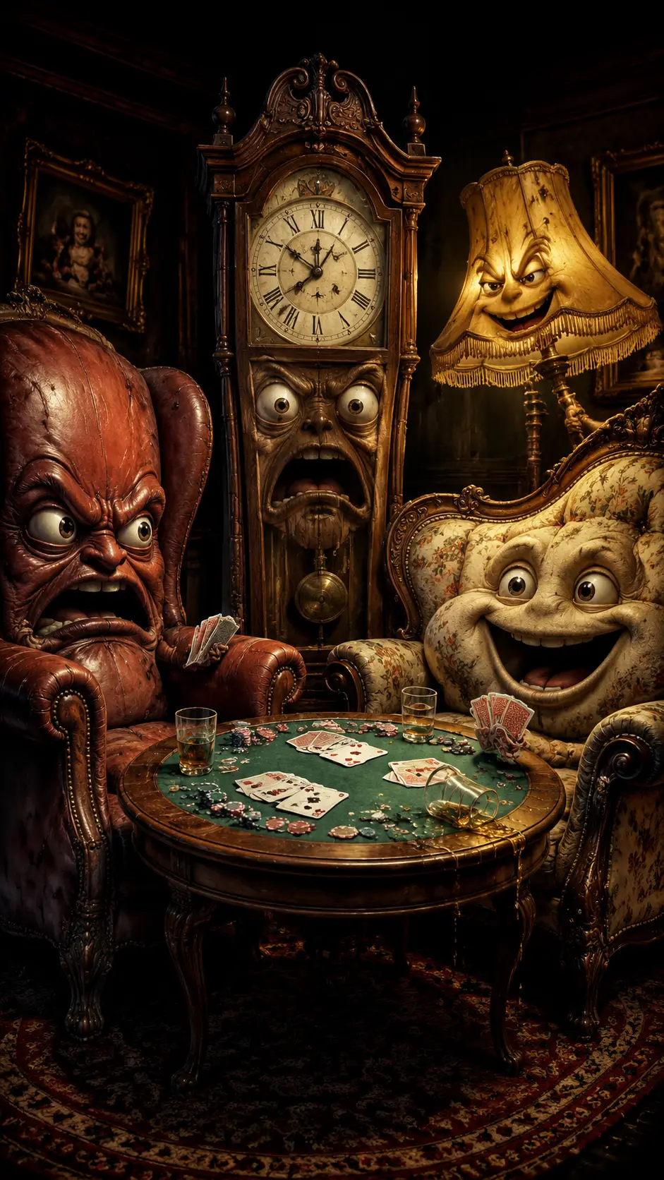 Meubles antiques anthropomorphes jouant au poker à une table de cartes